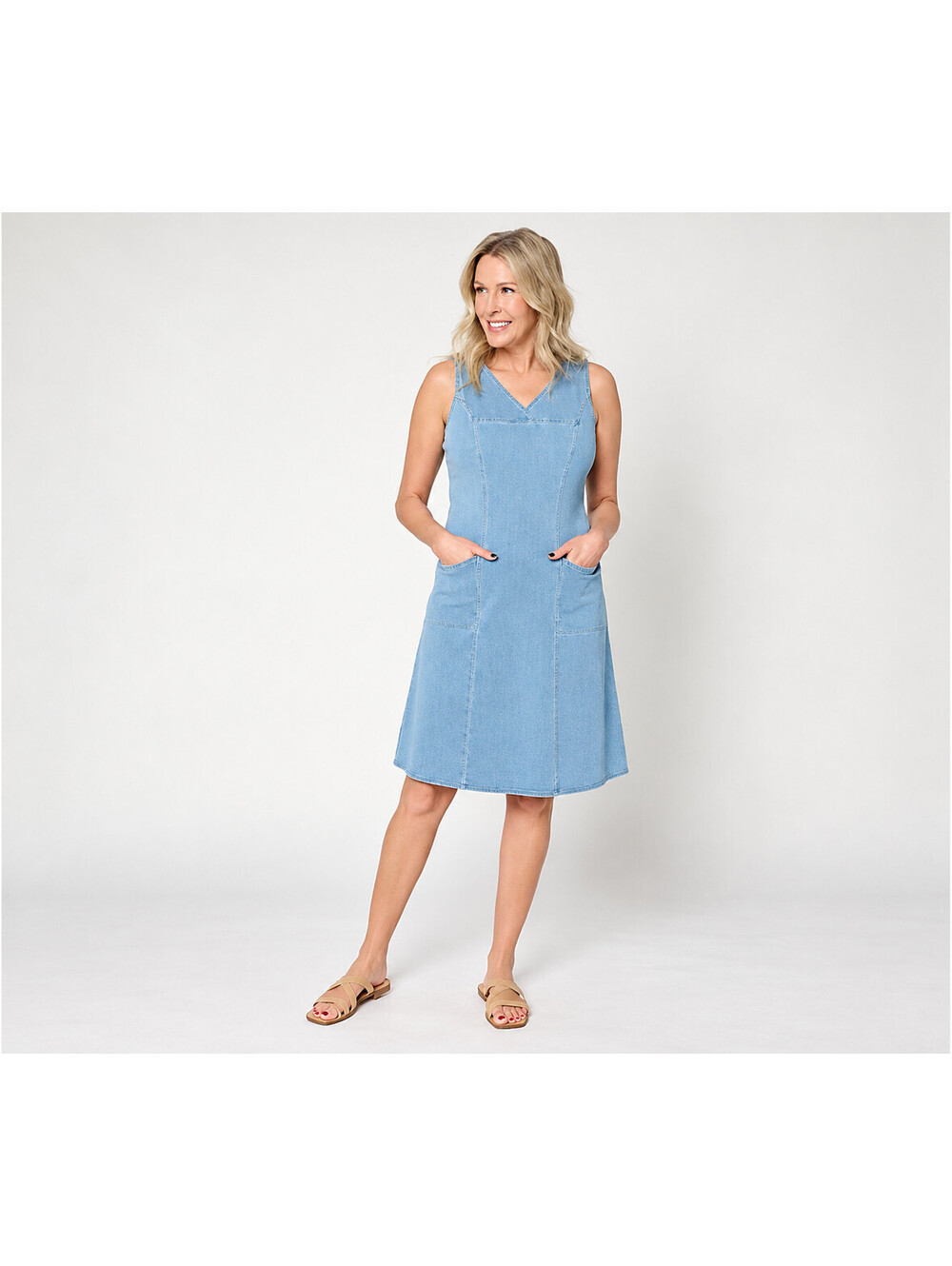 Denim & Co. Regular Comfy Knit Air Midi Dress with Pockets Sky Wash, Size Large